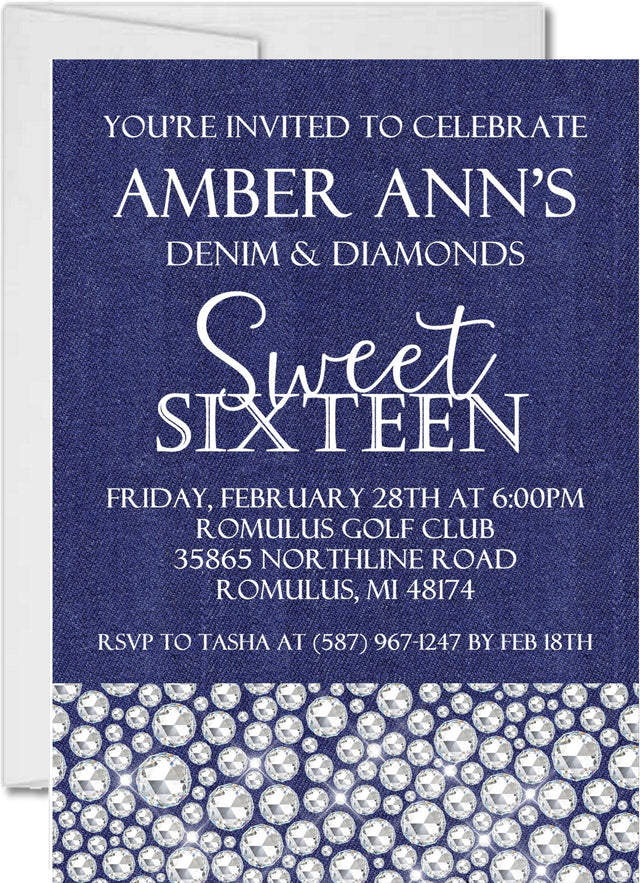 Denim And Diamonds Sweet 16 Party Invitations