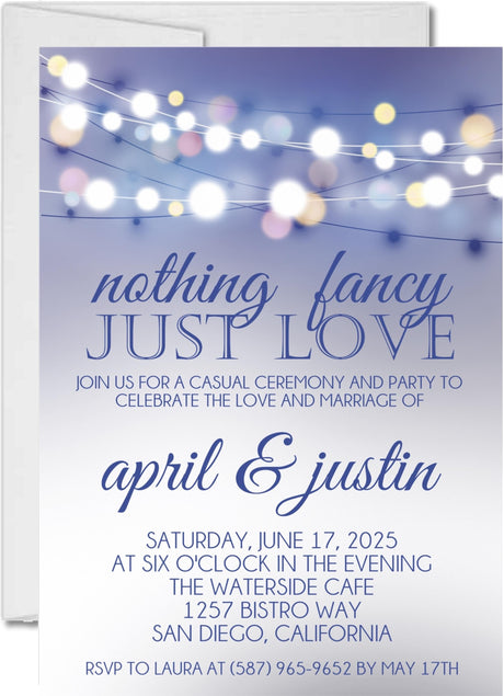 Dusty blue wedding invitation with string lights and elegant wedding wording