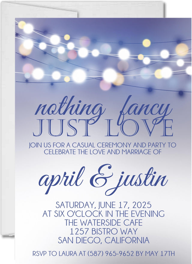 Dusty blue wedding invitation with string lights and elegant wedding wording