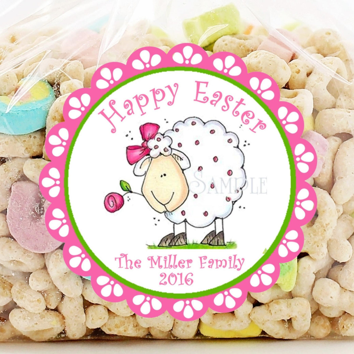 Easter lamb sticker with pink scalloped border