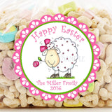 Easter lamb sticker with pink scalloped border