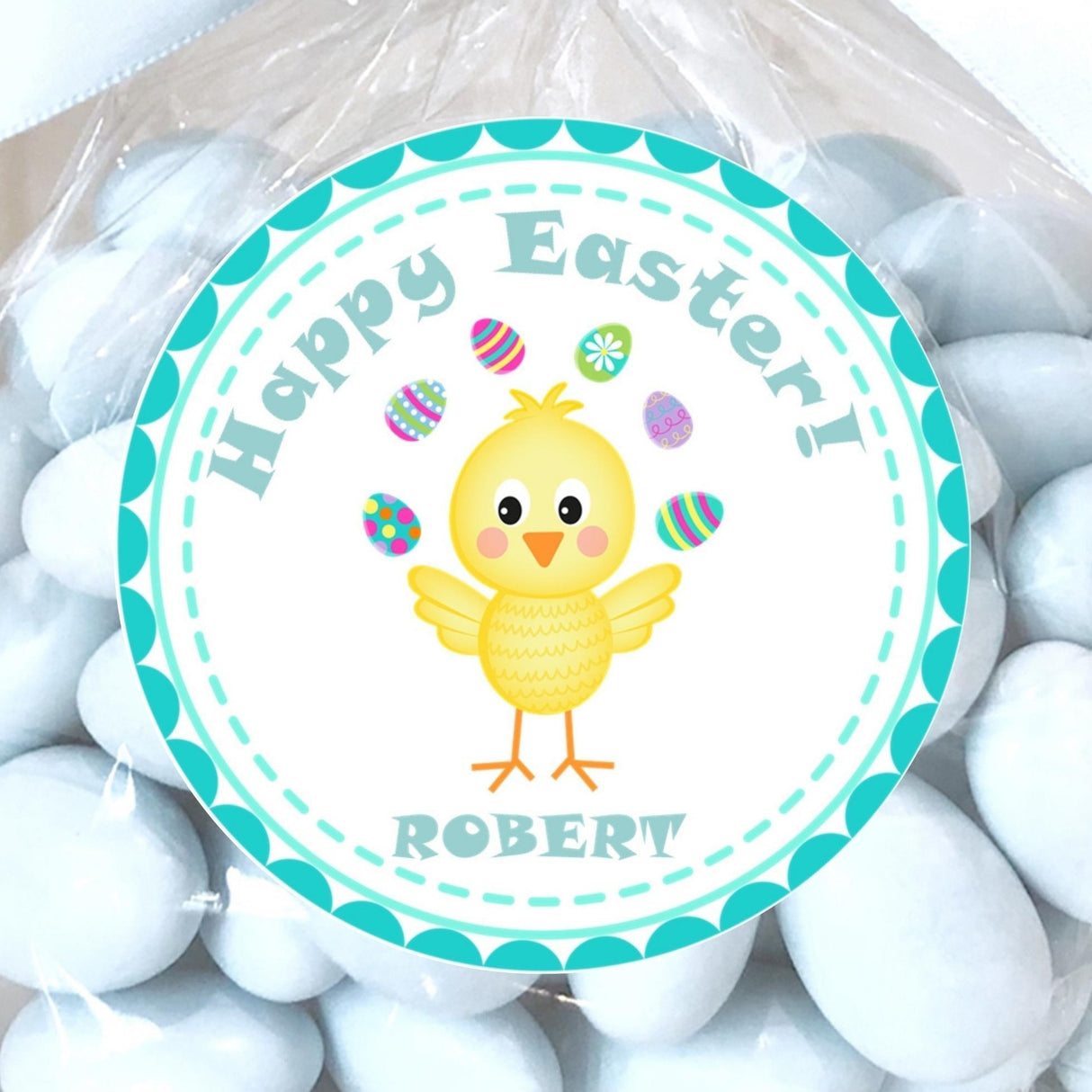 Easter sticker featuring a yellow chick surrounded by colorful decorated eggs