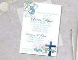 Elegant blue gold baptism invitation with script lettering