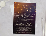 Elegant graduation party invitation with warm string lights and script lettering