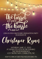 Elegant purple graduation invitation featuring glowing lights and custom wording