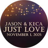 Evening wedding favor label with warm bistro lights background