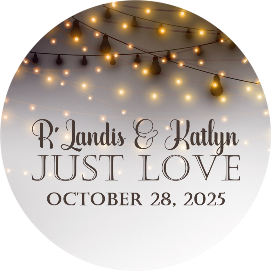 Evening wedding favor sticker with glowing bistro lights design