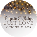 Evening wedding favor sticker with glowing bistro lights design