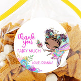 Fairy birthday sticker with colorful fairy character and “Thank You Fairy Much” text