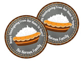 Fall favor label with illustrated pie and Happy Thanksgiving text