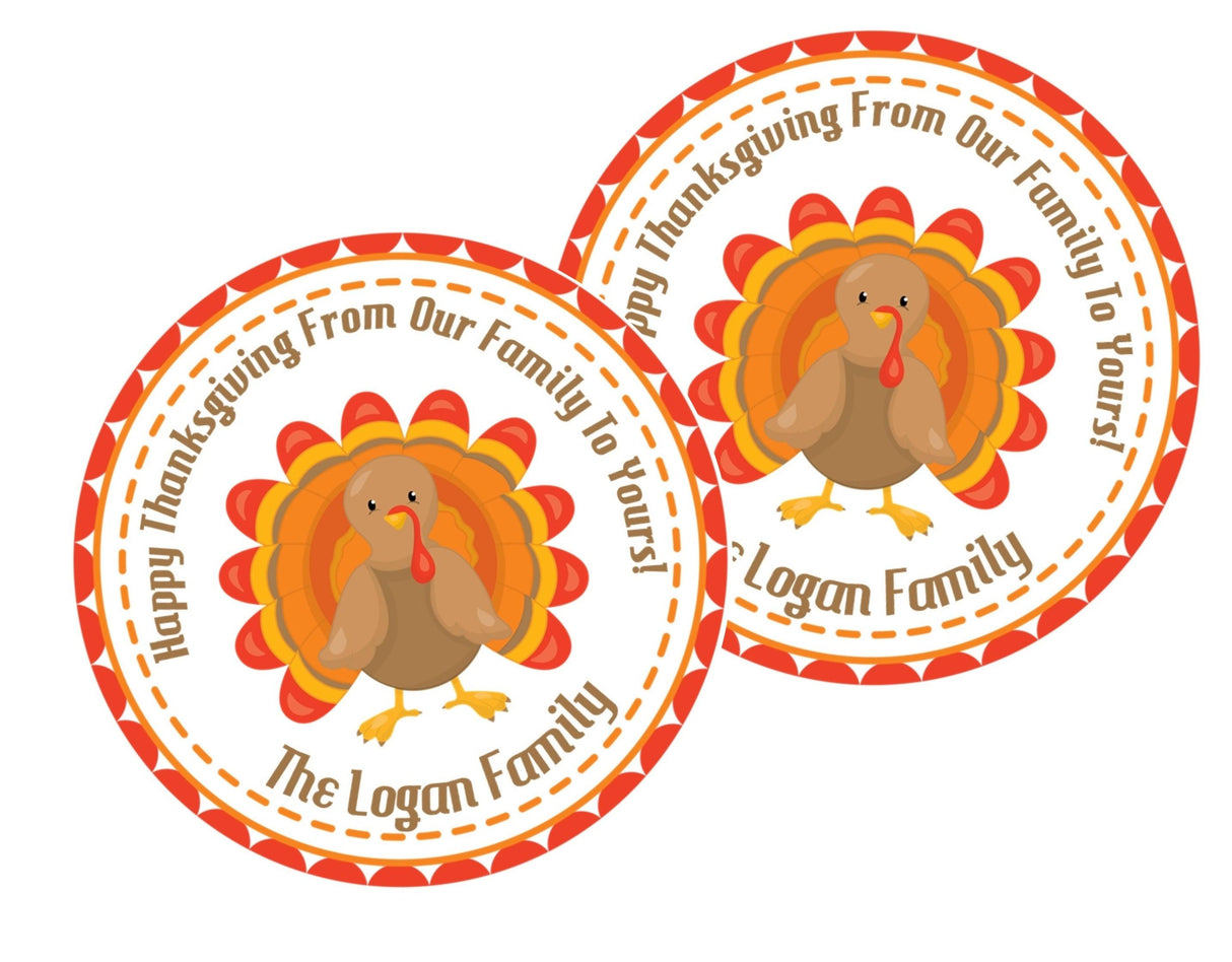 Fall holiday sticker featuring smiling turkey and festive patterned frame