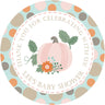Fall pumpkin baby shower sticker with floral accents and soft neutral colors