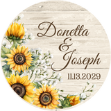 Fall wedding sticker featuring sunflowers on wood background