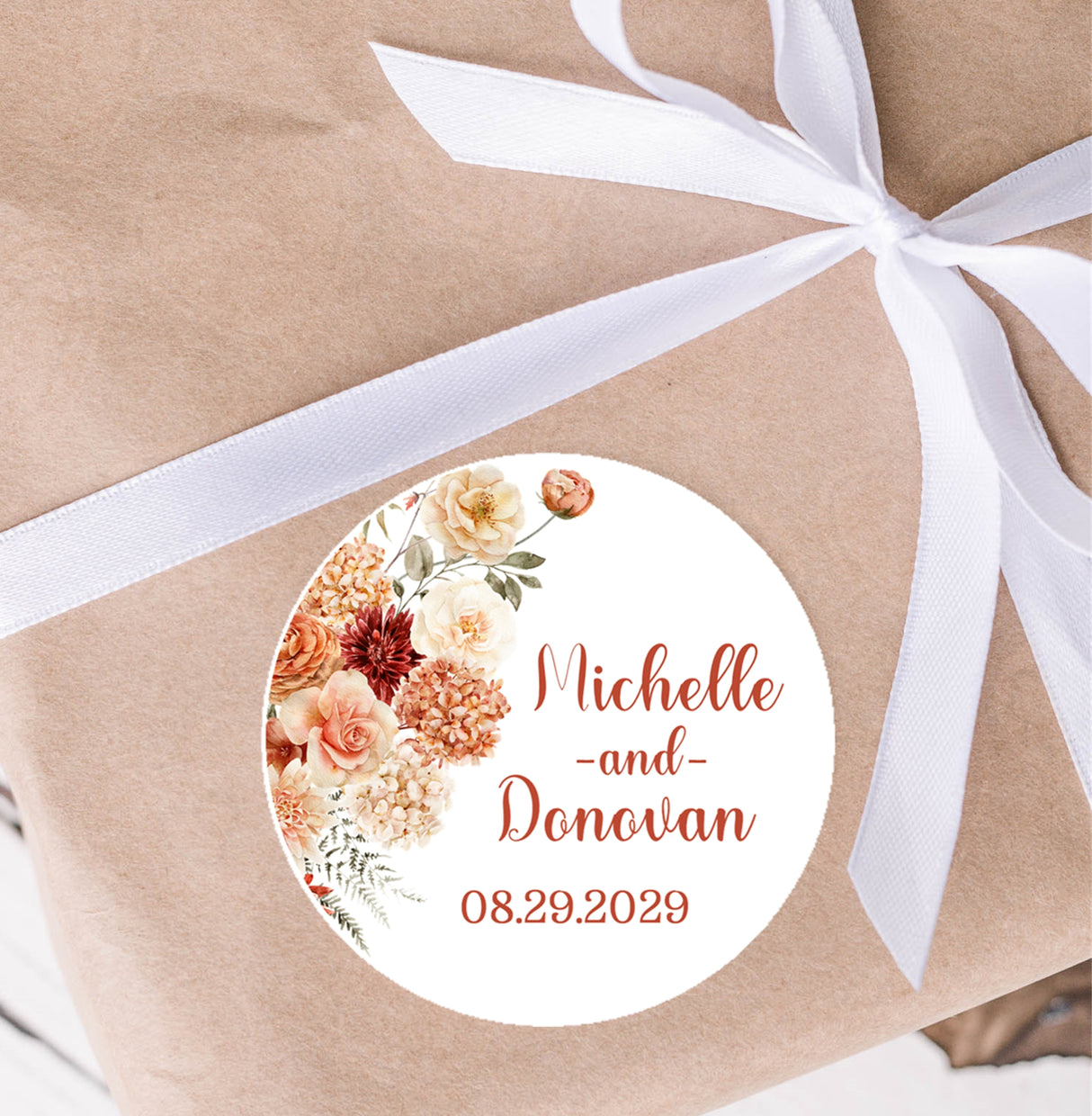 Fall wedding sticker with warm floral design on white background