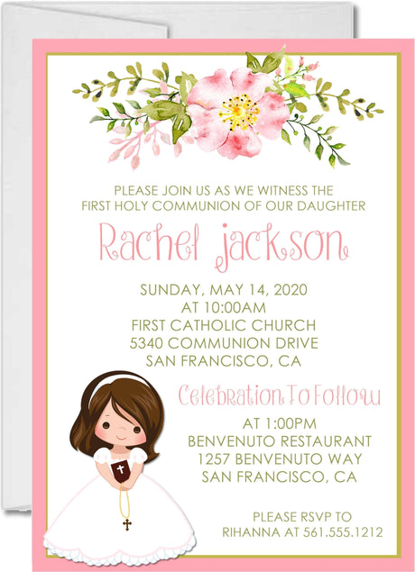 First holy communion invitation for girls with floral pink design