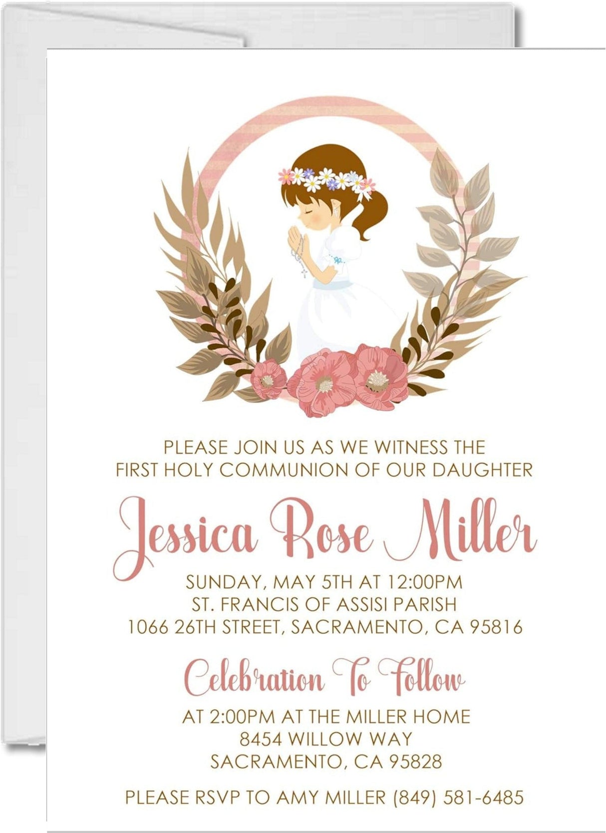 First holy communion invitation for girls with praying character illustration
