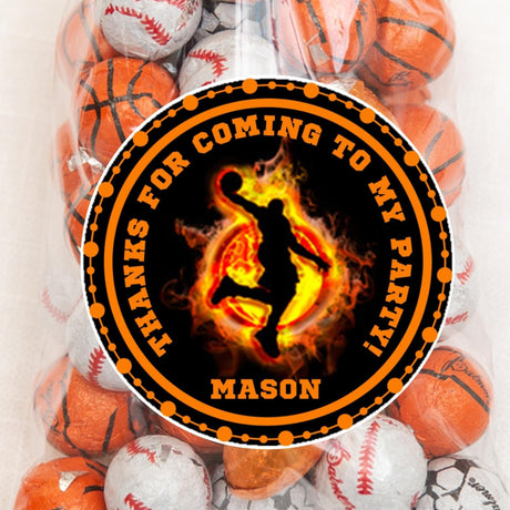 Flaming basketball birthday sticker with player silhouette