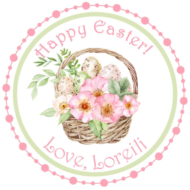 Floral Easter basket sticker with pastel eggs