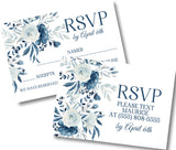 Floral RSVP cards with blue and white watercolor flowers and text.