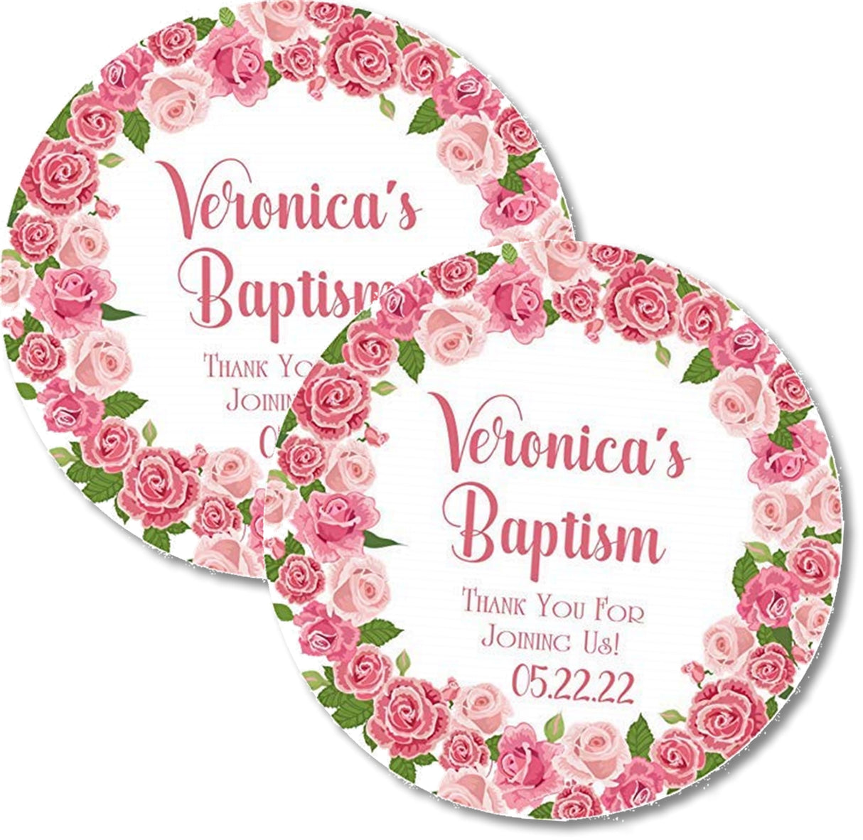 Floral baptism favor label with pink rose wreath design
