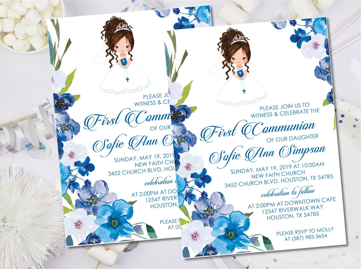 Floral blue First Communion invitation for girls