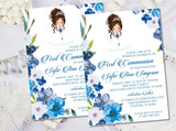 Floral blue First Communion invitation for girls