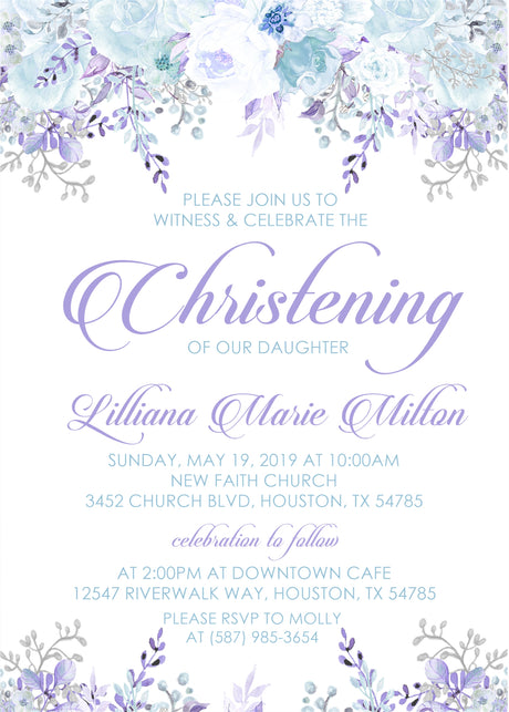 Floral christening invitation in blue and purple with personalized wording