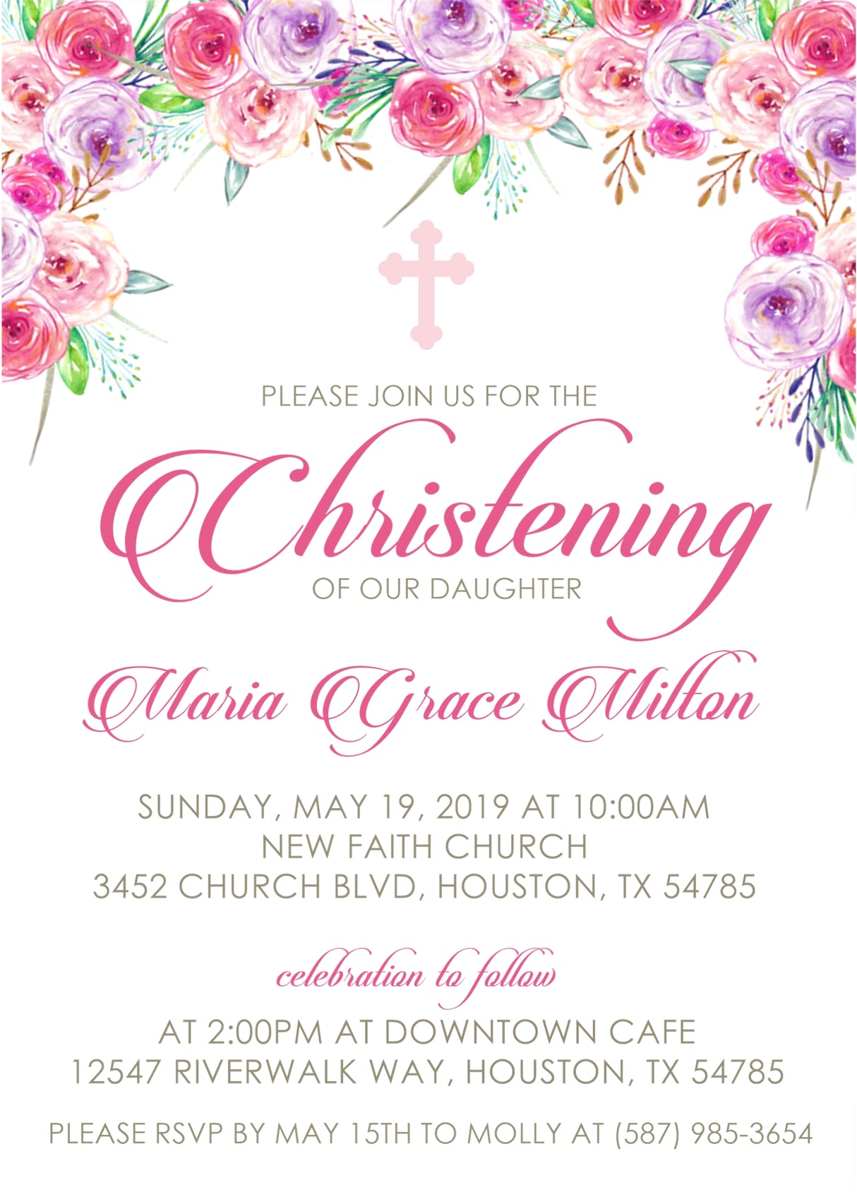 Floral christening invitation in pink and purple with personalized wording