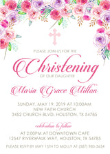 Floral christening invitation in pink and purple with personalized wording