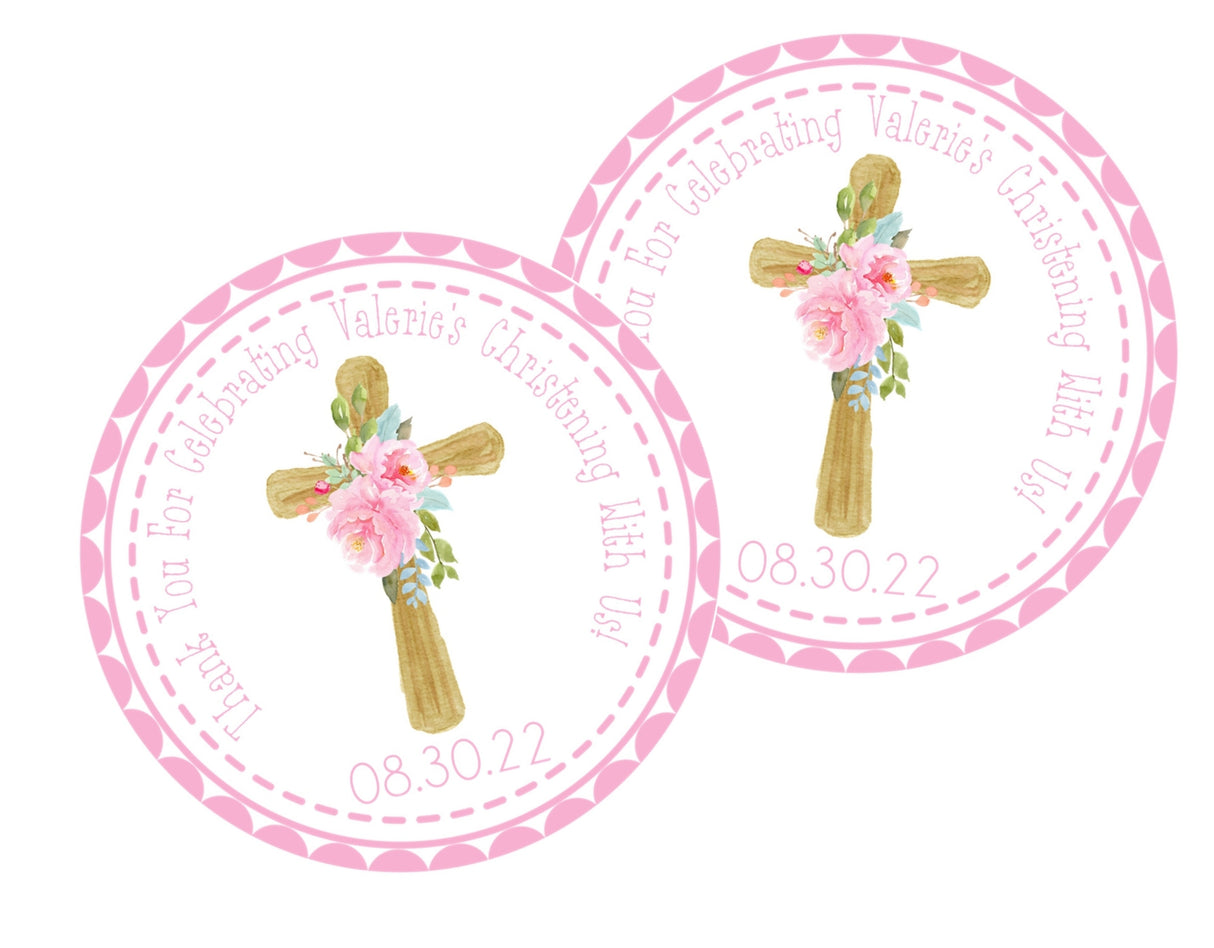 Floral cross baptism favor label in soft pink