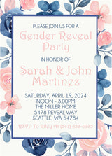 Floral gender reveal invitation featuring soft pink and blue tones