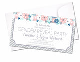 Floral gender reveal invitation with pink and blue watercolor flowers