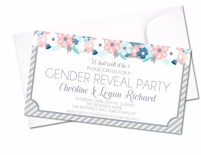Floral gender reveal invitation with pink and blue watercolor flowers