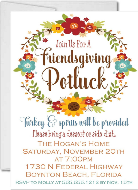 Friendsgiving potluck invitation with warm autumn floral wreath design