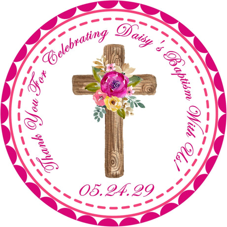 Fuschia colorful rose christening sticker label
