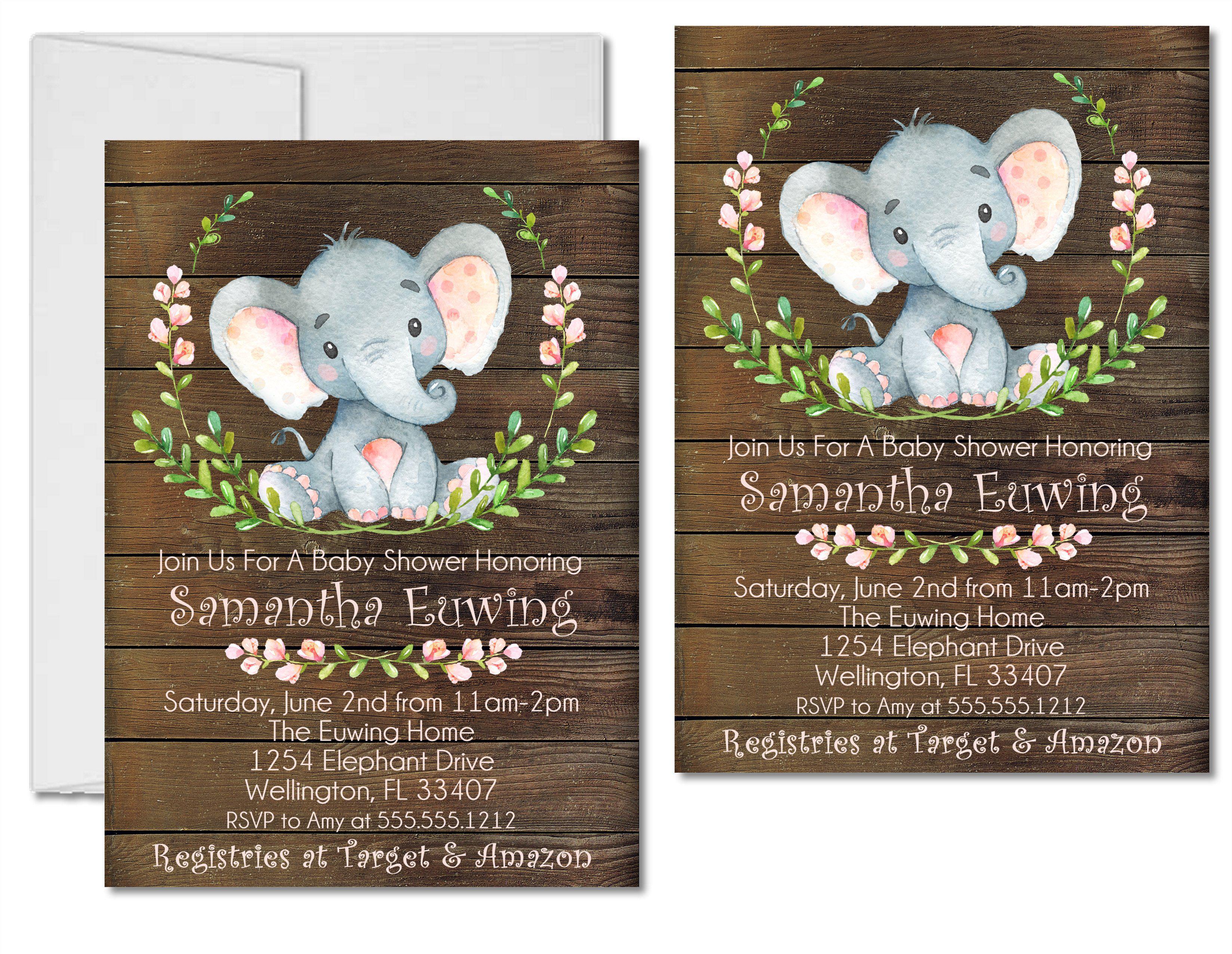 GIrls Rustic Elephant Baby Shower Invitations