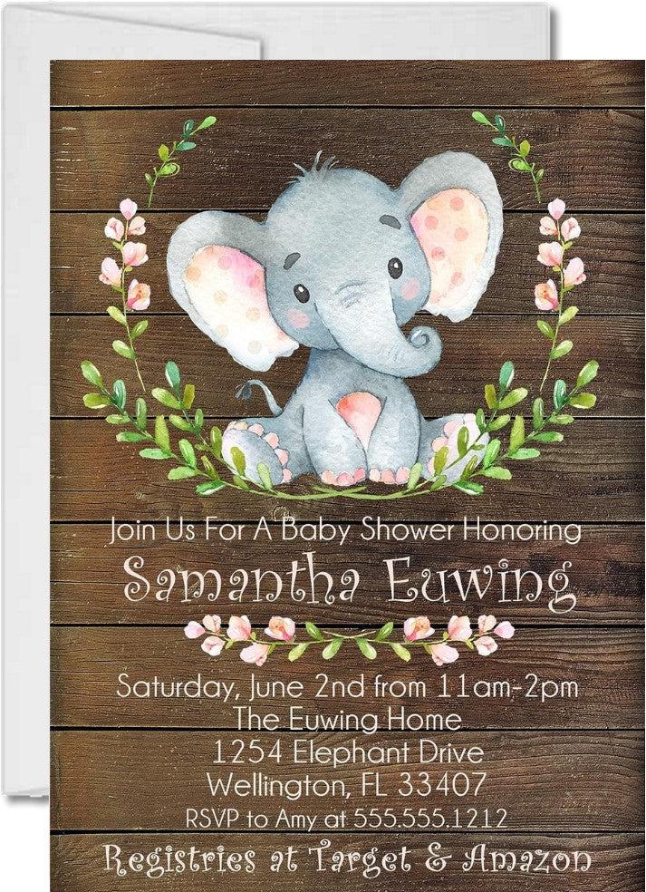 GIrls Rustic Elephant Baby Shower Invitations