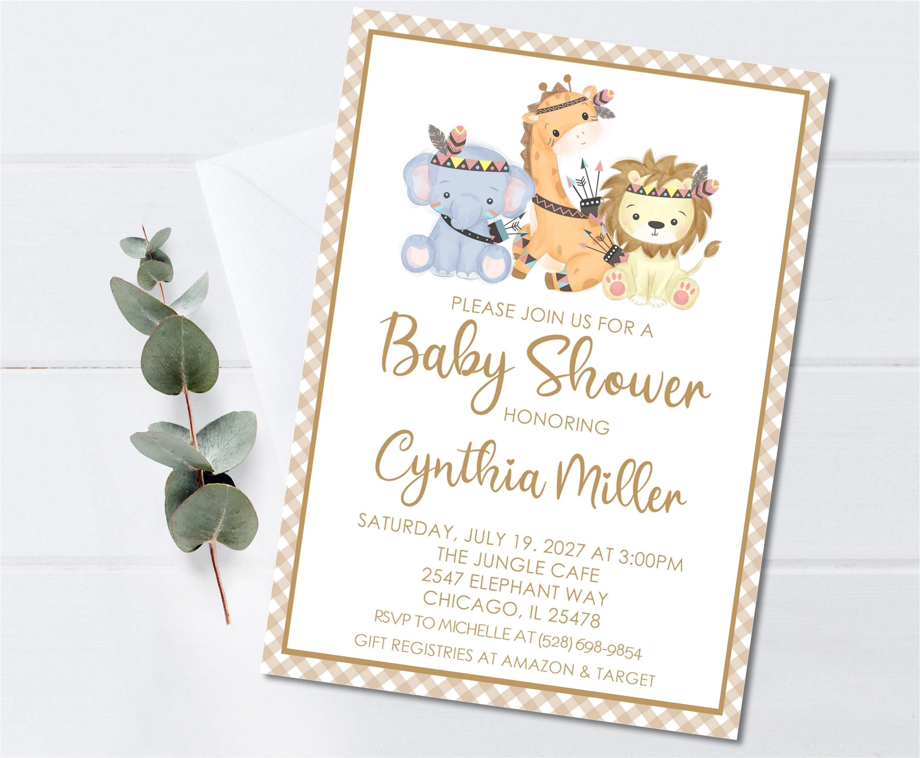 Gender Neutral Boho Safari Animals Baby Shower Invitations