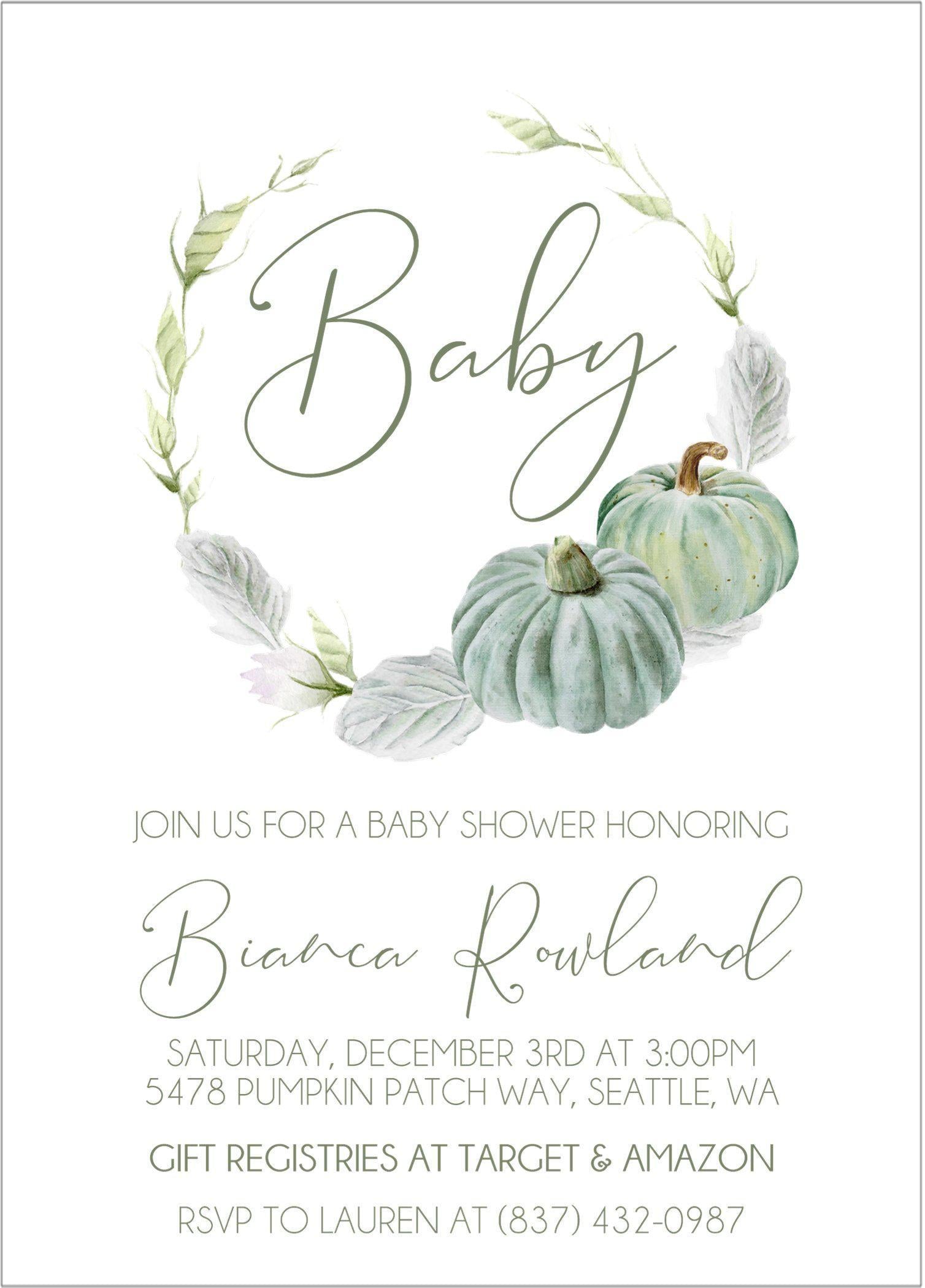 Gender Neutral Eucalyptus Fall Pumpkin Fall Baby Shower Invitations