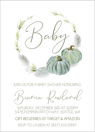 Gender Neutral Eucalyptus Fall Pumpkin Fall Baby Shower Invitations