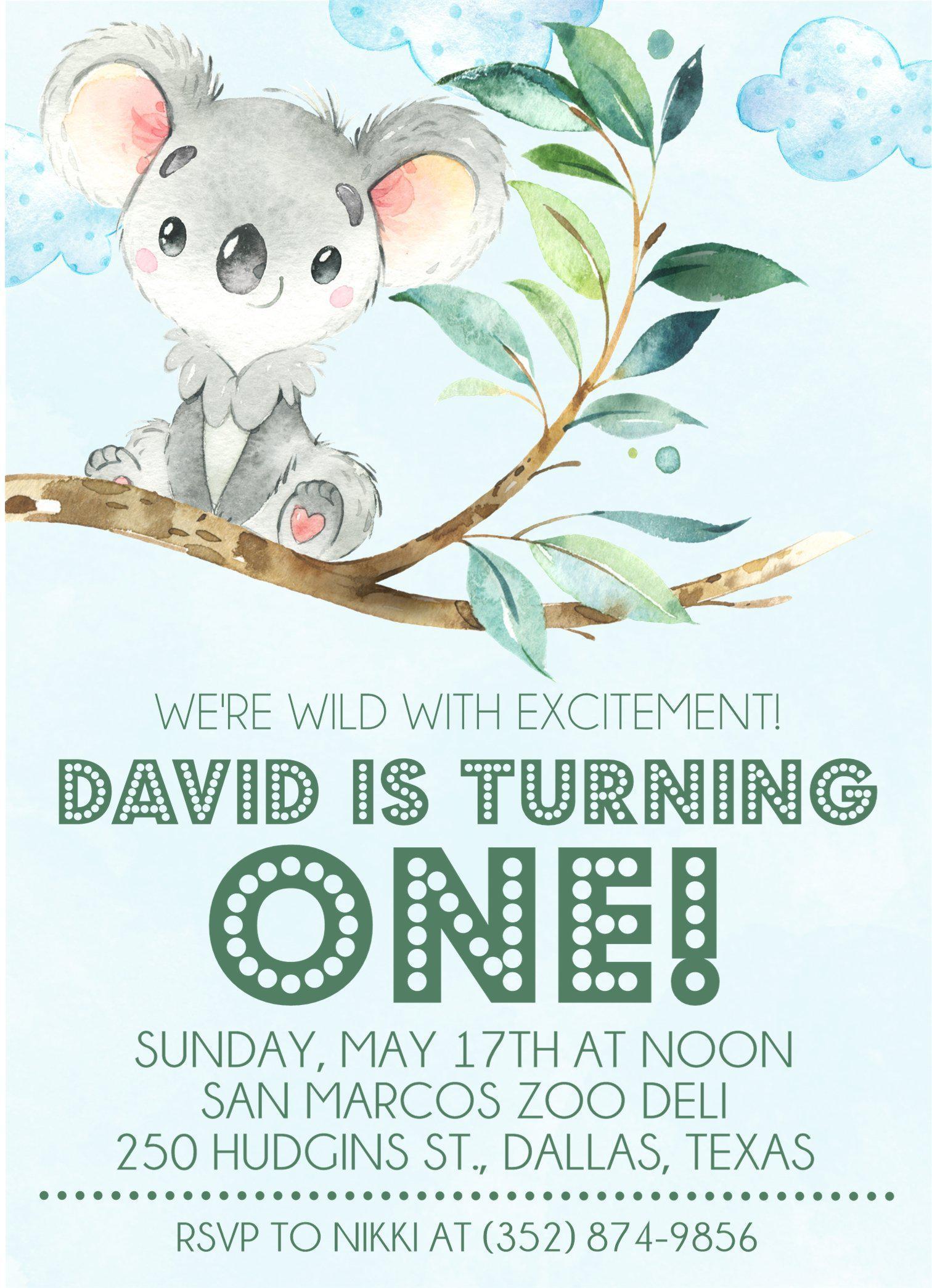 Gender Neutral Koala 1st Birthday Party Invitations