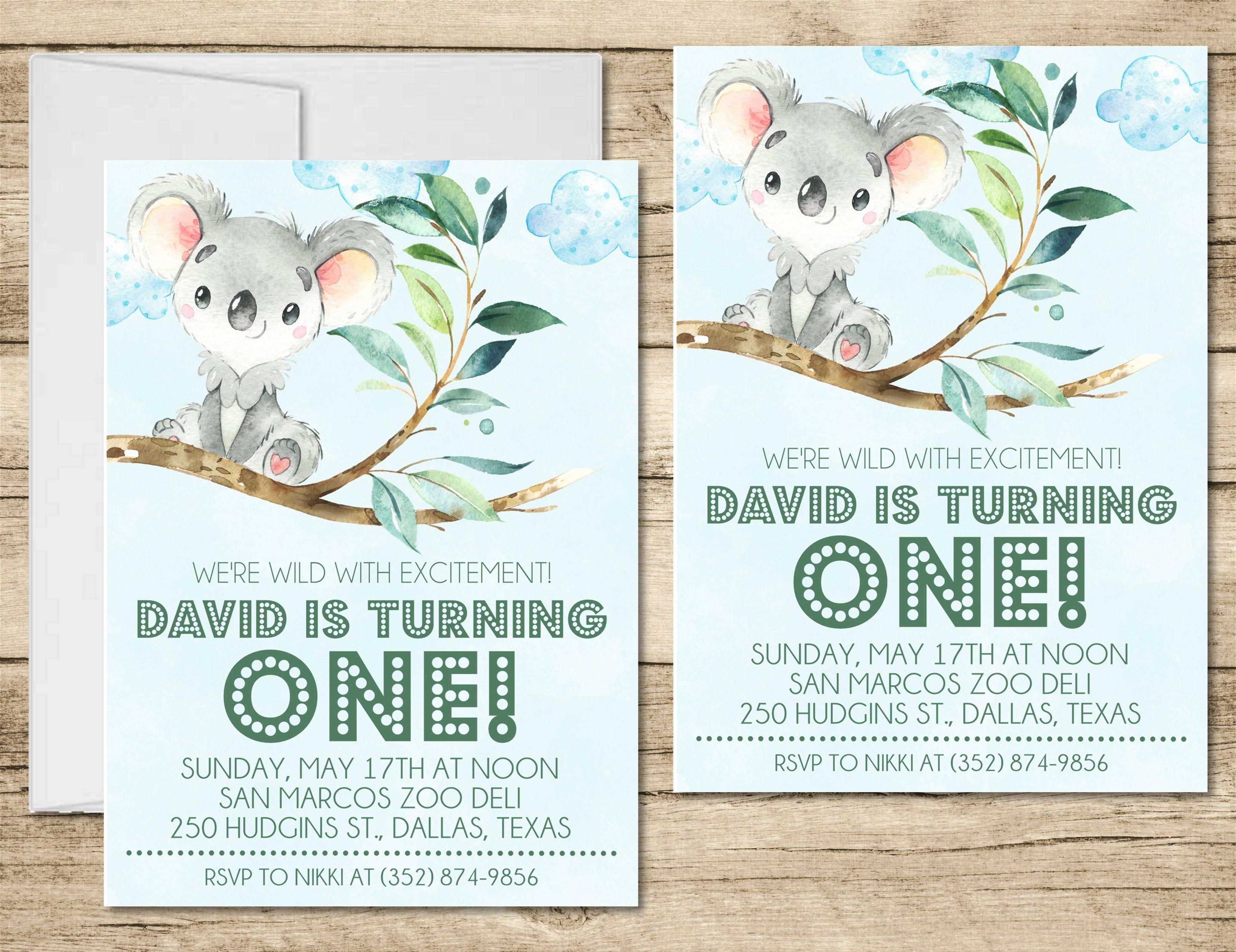 Gender Neutral Koala 1st Birthday Party Invitations