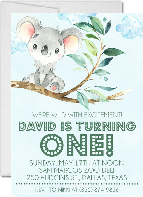 Gender Neutral Koala 1st Birthday Party Invitations
