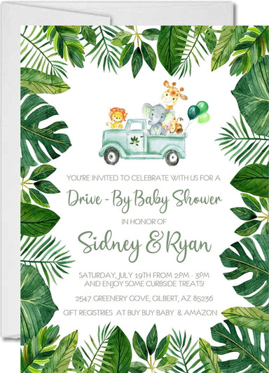 Gender Neutral Safari Animals Drive By Baby Shower Invitations