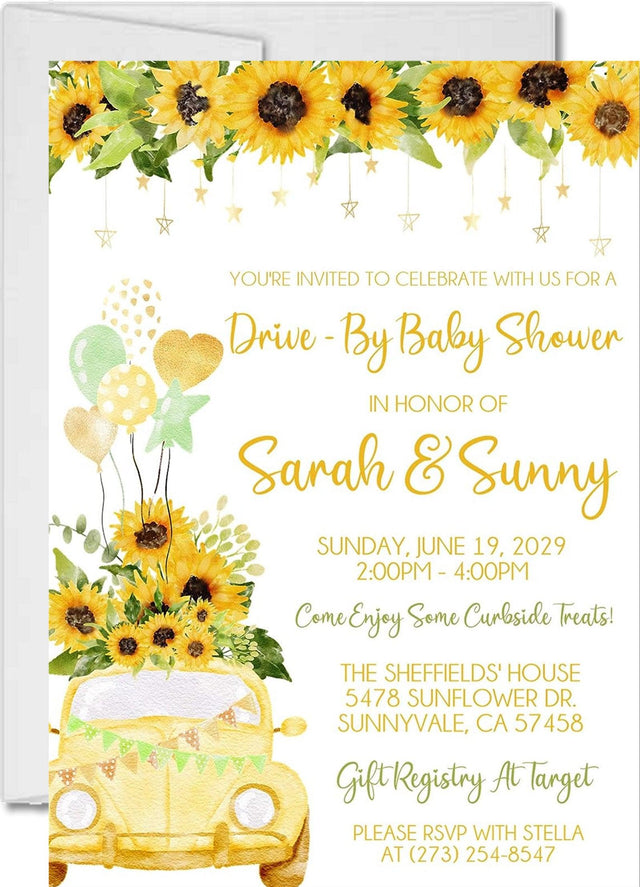 Gender Neutral Sunflower Drive By Baby Shower Invitations
