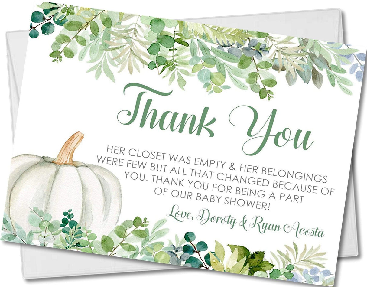 Gender neutral green pumpkin baby shower thank you cards