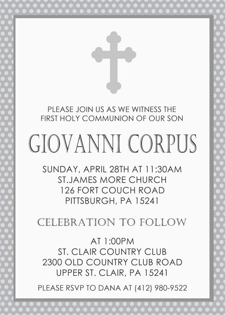Gender neutral religious invitations with decorative cross and gray border design