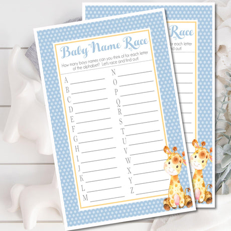 Giraffe baby shower name race printable game