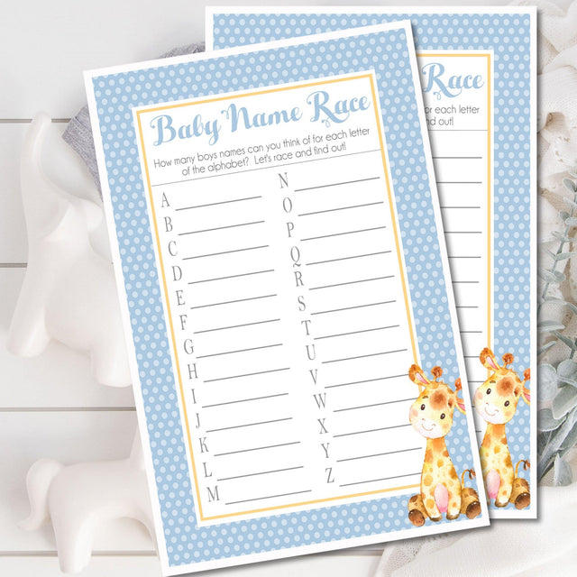 Giraffe baby shower name race printable game