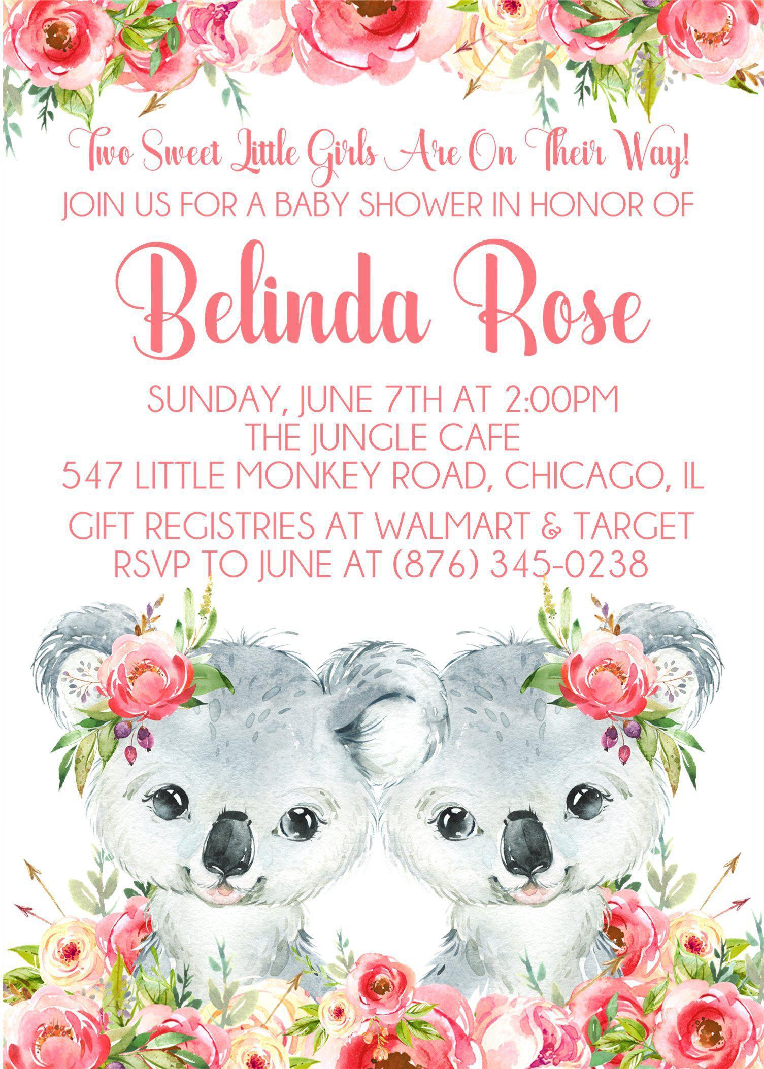 Girl Twins Koala Baby Shower Invitations